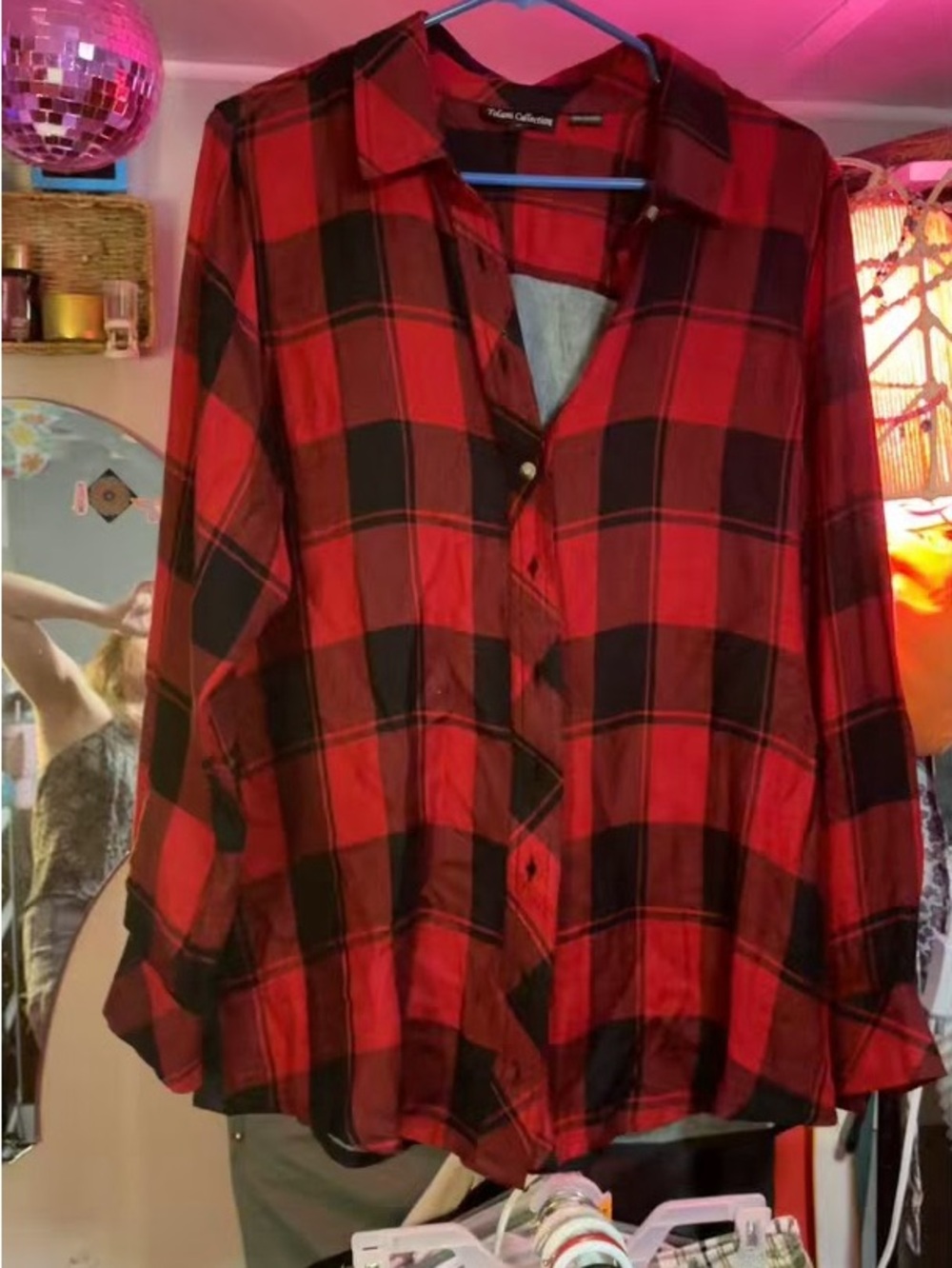 Tolani Collection Red Buffalo Plaid Flannel Mandala Back Button Down Tunic M